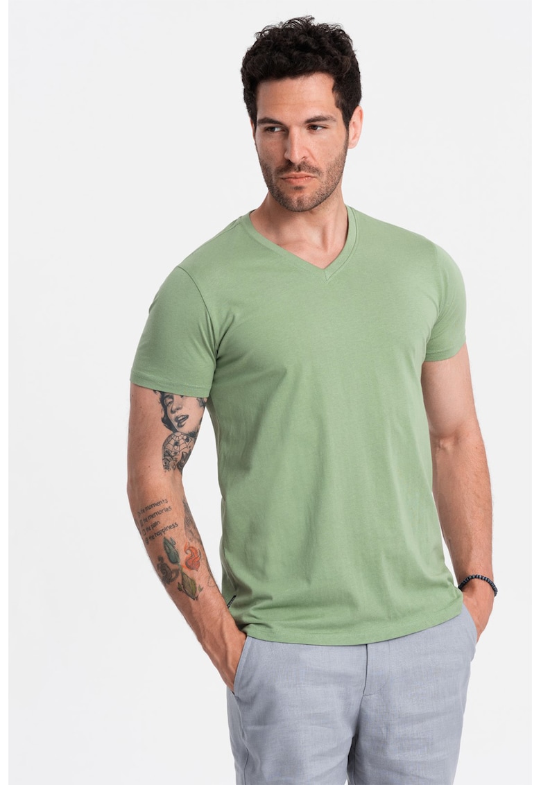Tricou cu decolteu in V - Verde sparanghel