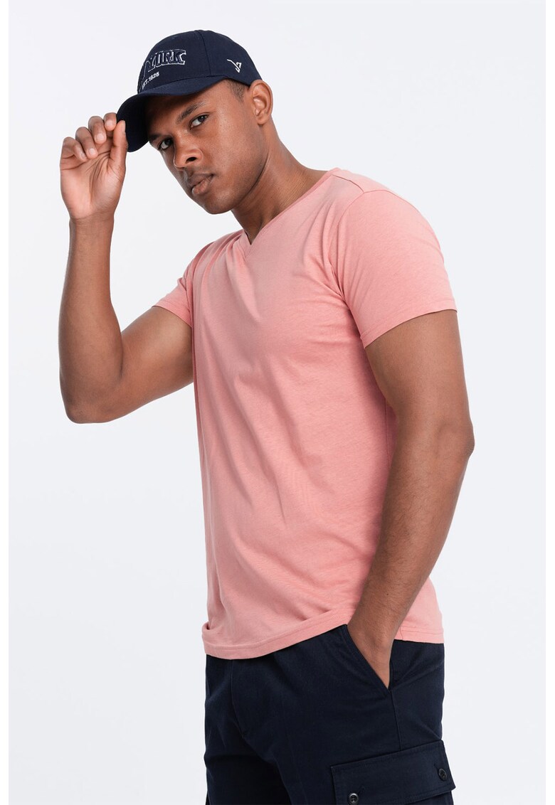 Tricou cu decolteu in V - Roz pastel