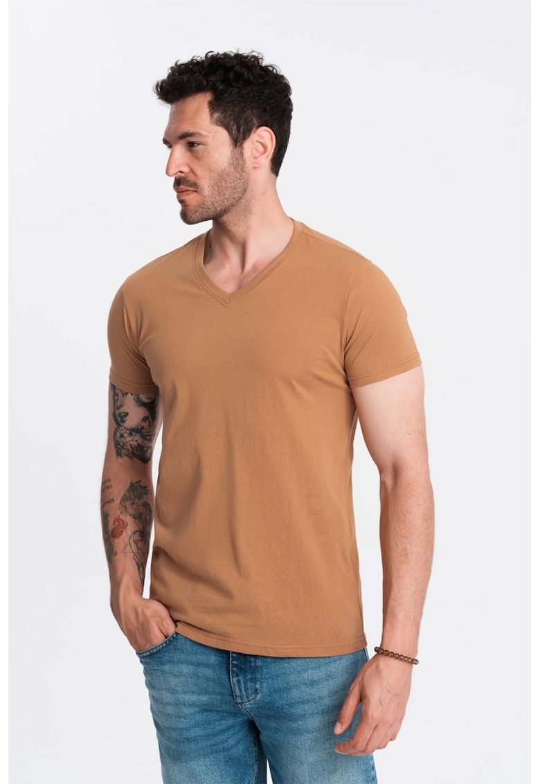 Tricou cu decolteu in V - Caramel