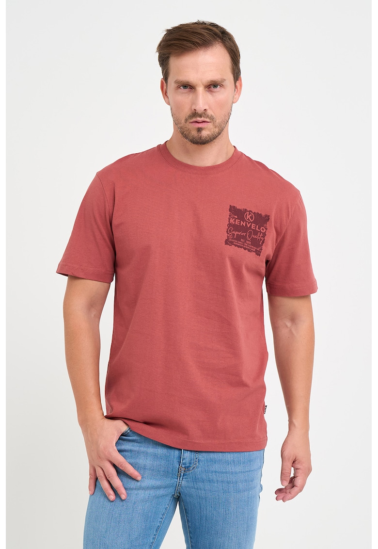 Tricou de bumbac cu decolteu la baza gatului si logo