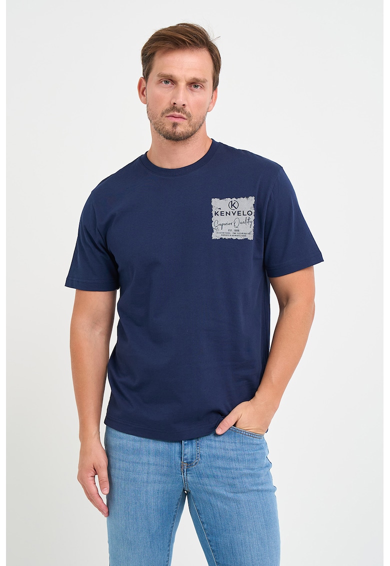 Tricou de bumbac cu decolteu la baza gatului si logo