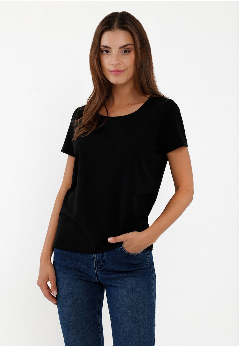 Tricou de bumbac cu decolteu la baza gatului - T‑DIANA - Czarny - Negru