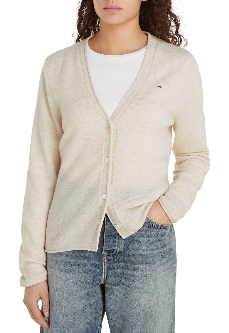 Cardigan de lana cu decolteu in V - Crem