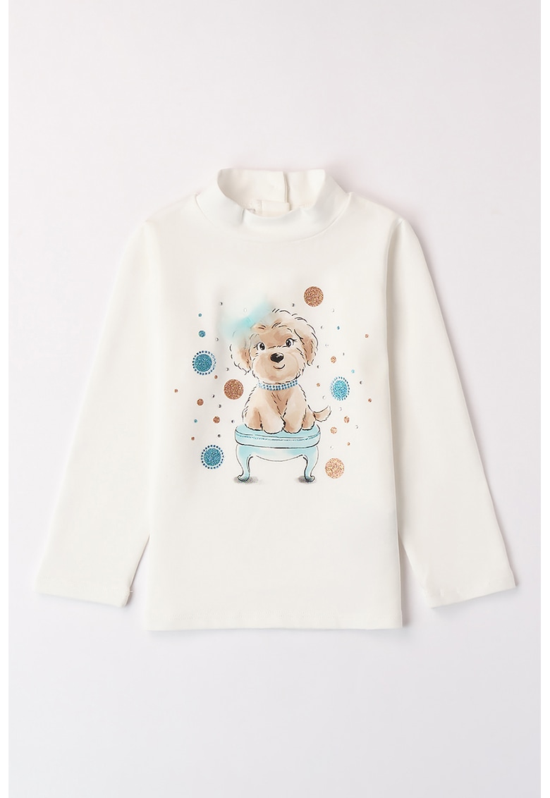 Bluza cu imprimeu si strasuri - Alb fildes/Maro deschis/Albastru deschis