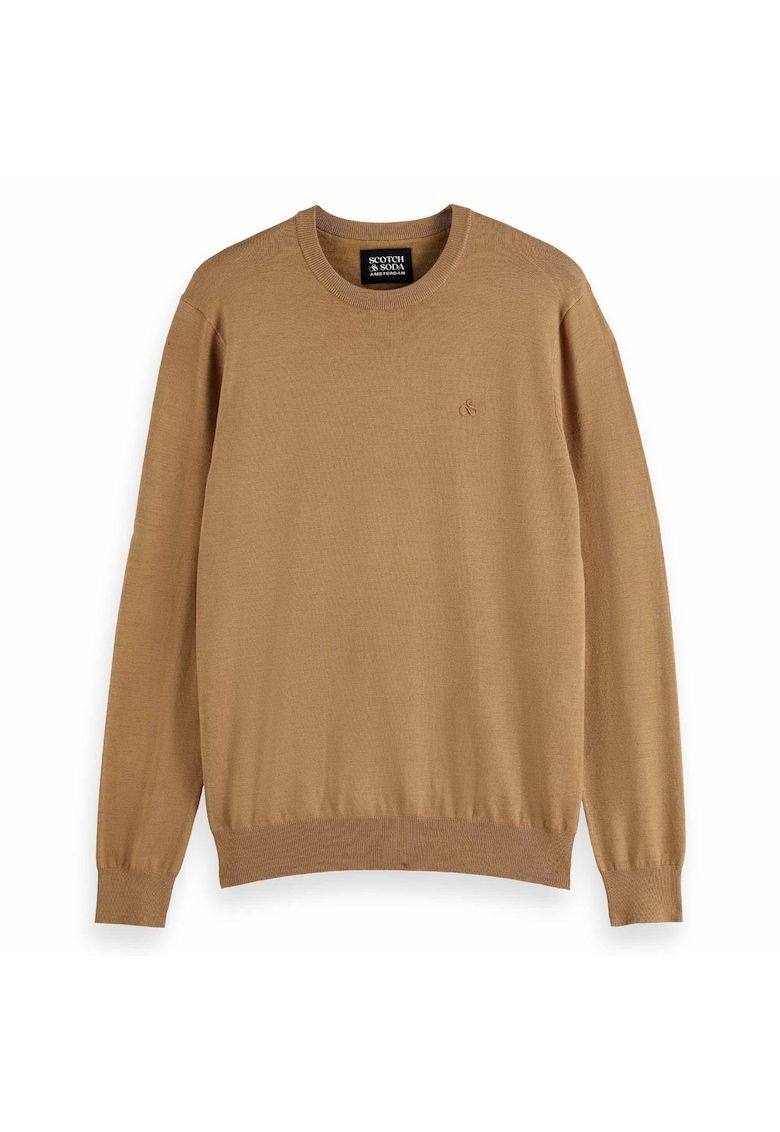 Scotch Soda Pulover uni cu decolteu la baza gatului si logo discret - Maro deschis