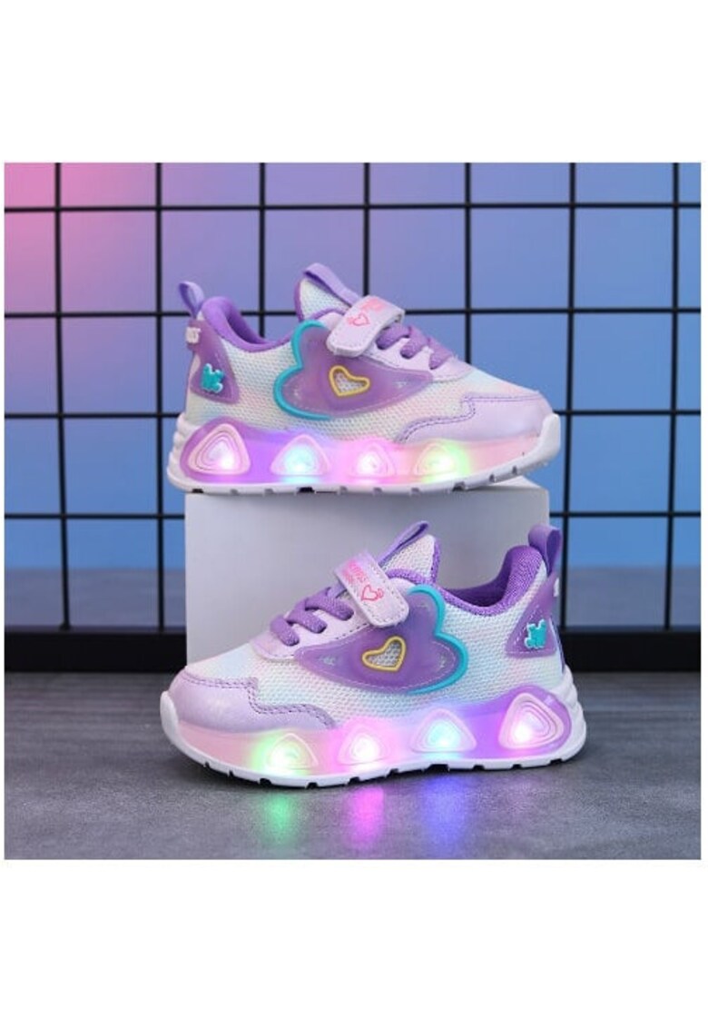 Pantofi Sport Sidefati - Cu Luminite - Model Hearts - Piele ecologica - Fete - Siret - Velcro - Multicolor