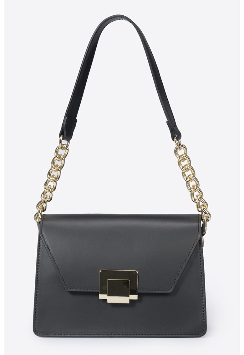 Geanta din piele cu bareta de umar din lant - Negru