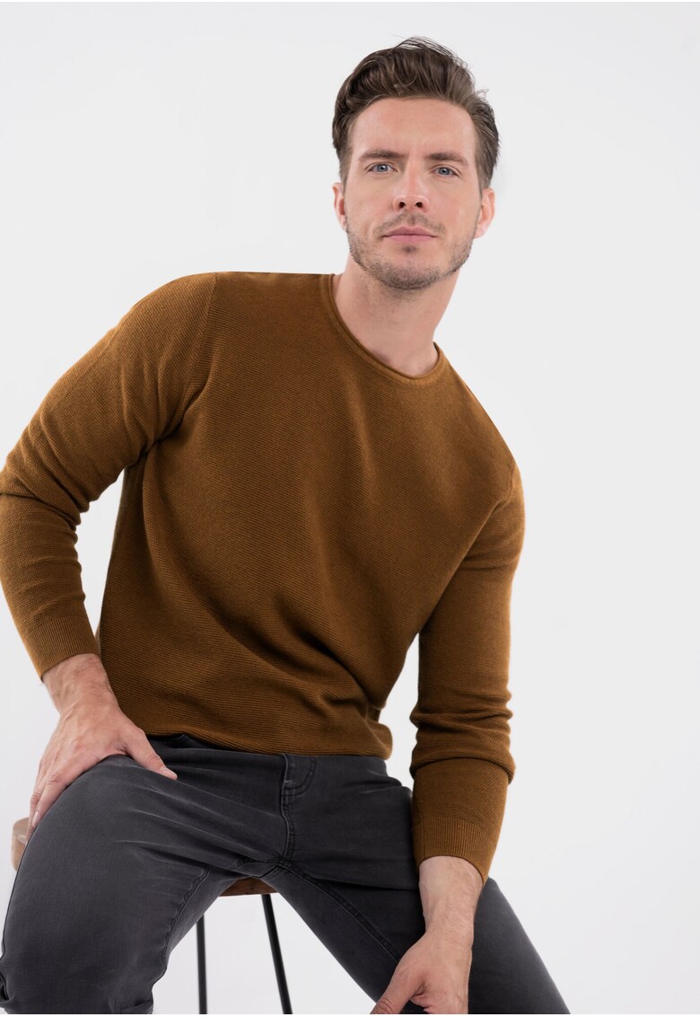 Pulover de bumbac cu decolteu la baza gatului - Maro - Maro