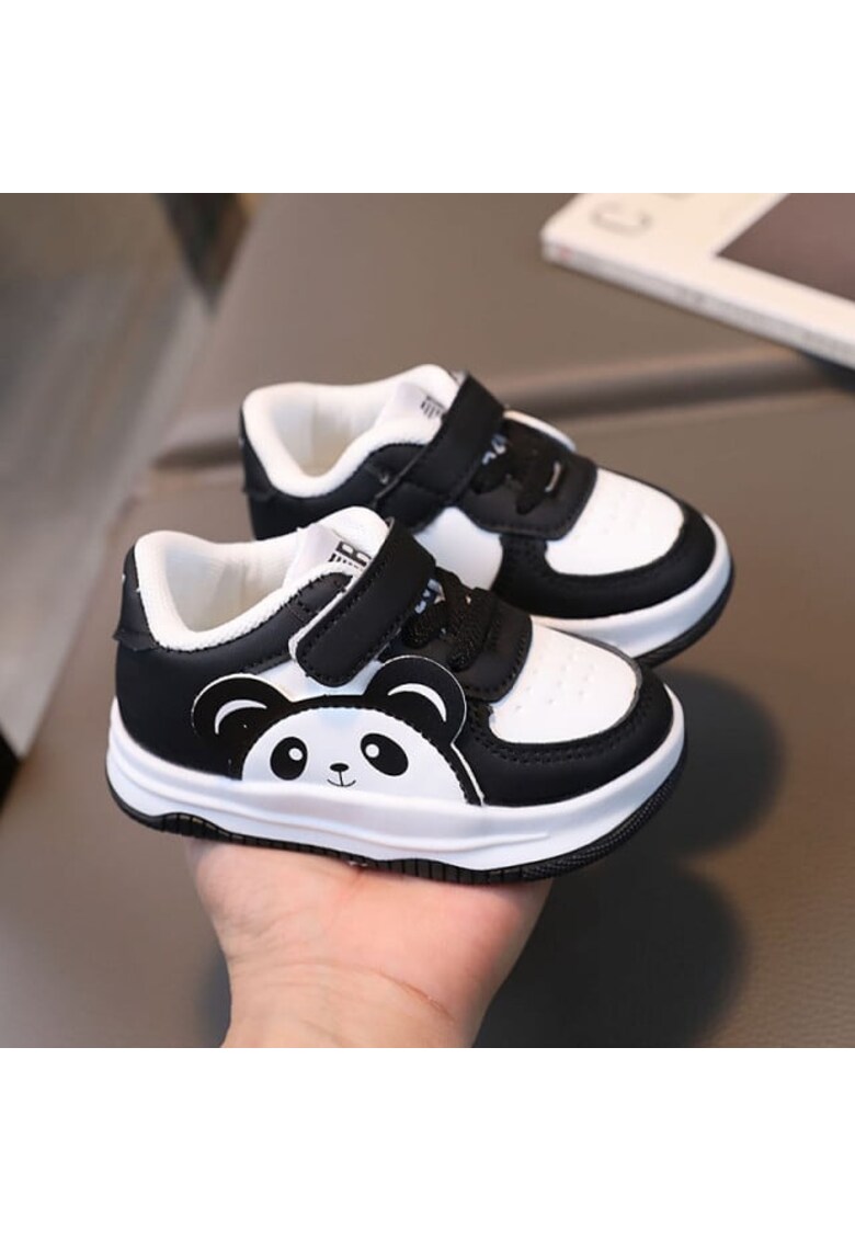 Pantofi Sport Model Love Panda - Piele ecologica - Siret - Velcro - Alb/Negru