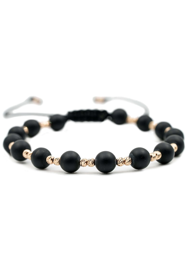 Bratara cu 30 de bile de Aur 14k si pietre semipretioase Onix negru Ajustabila - Negru mat