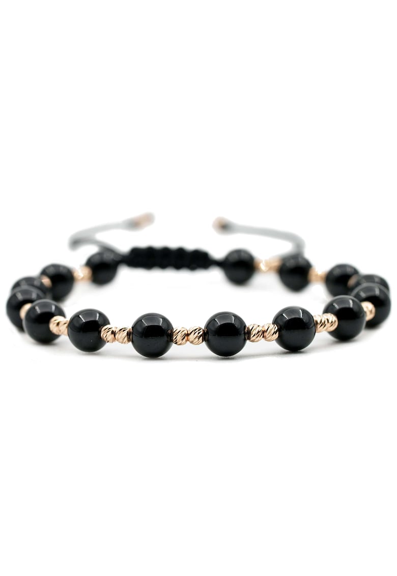 Bratara cu 30 de bile de Aur 14k si pietre semipretioase Onix negru Ajustabila - Negru