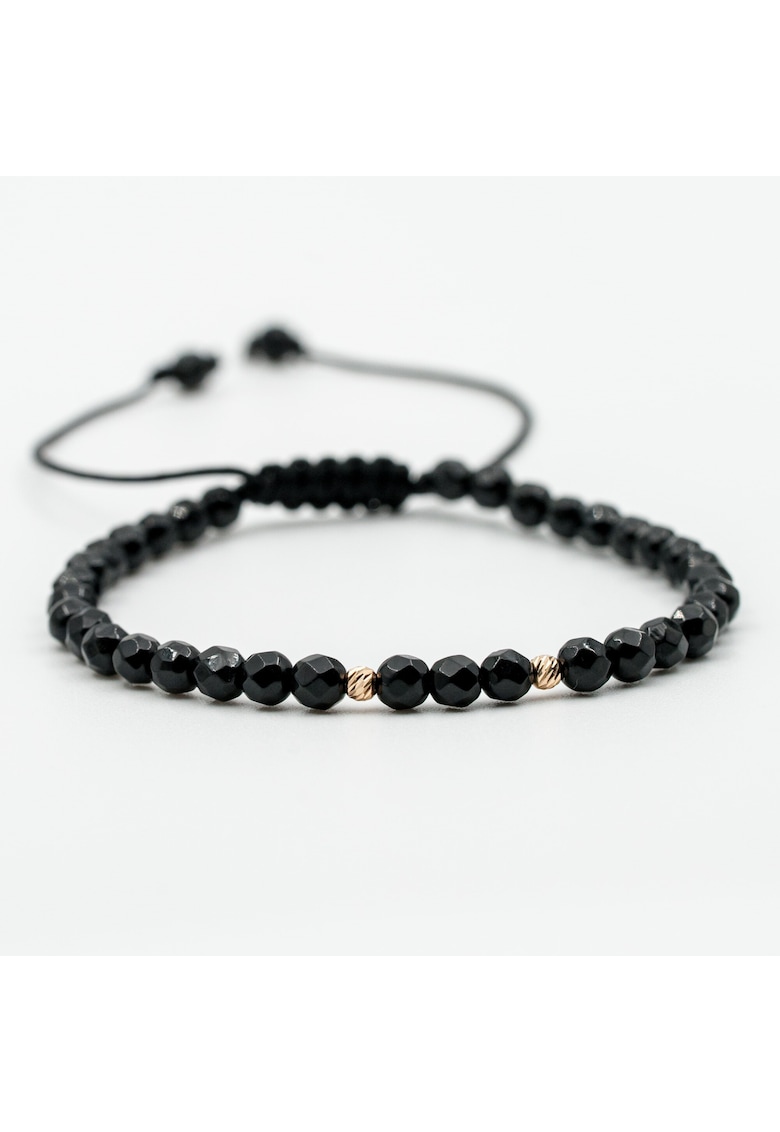 Bratara cu 2 bile de Aur 14k si pietre semipretioase Onix negru fatetat - Ajustabila