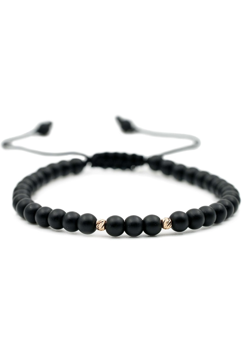 Bratara cu 2 bile de Aur 14k si pietre semipretioase Onix negru mat - Ajustabila