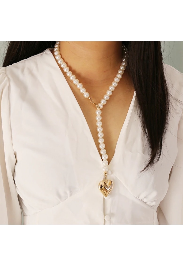 Colier auriu - ajustabil - cu perle si inima - Seidi C20 -