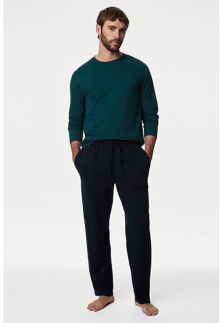Pijama de bumbac cu buzunare laterale - Verde inchis/Albastru ultramarin