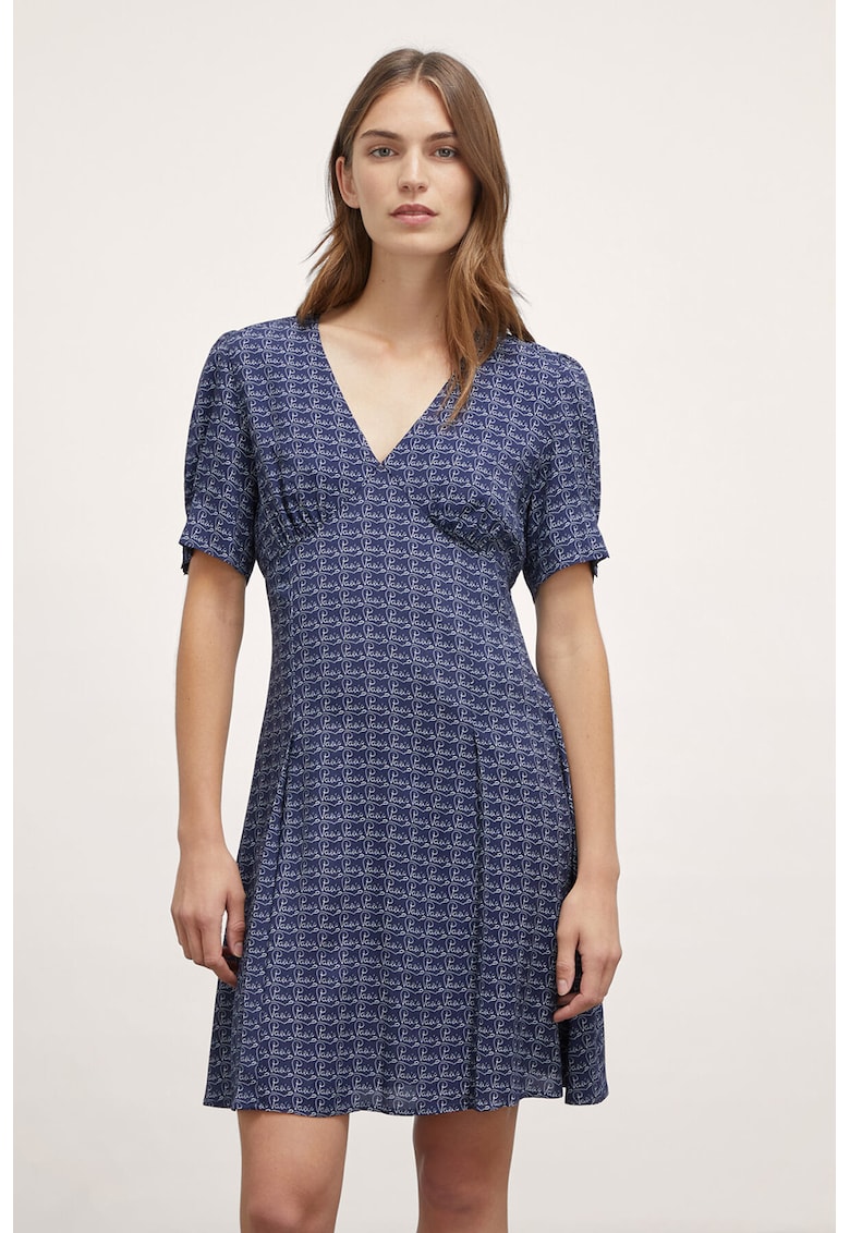 Rochie cu decolteu in V si maneci bufante - Bleumarin