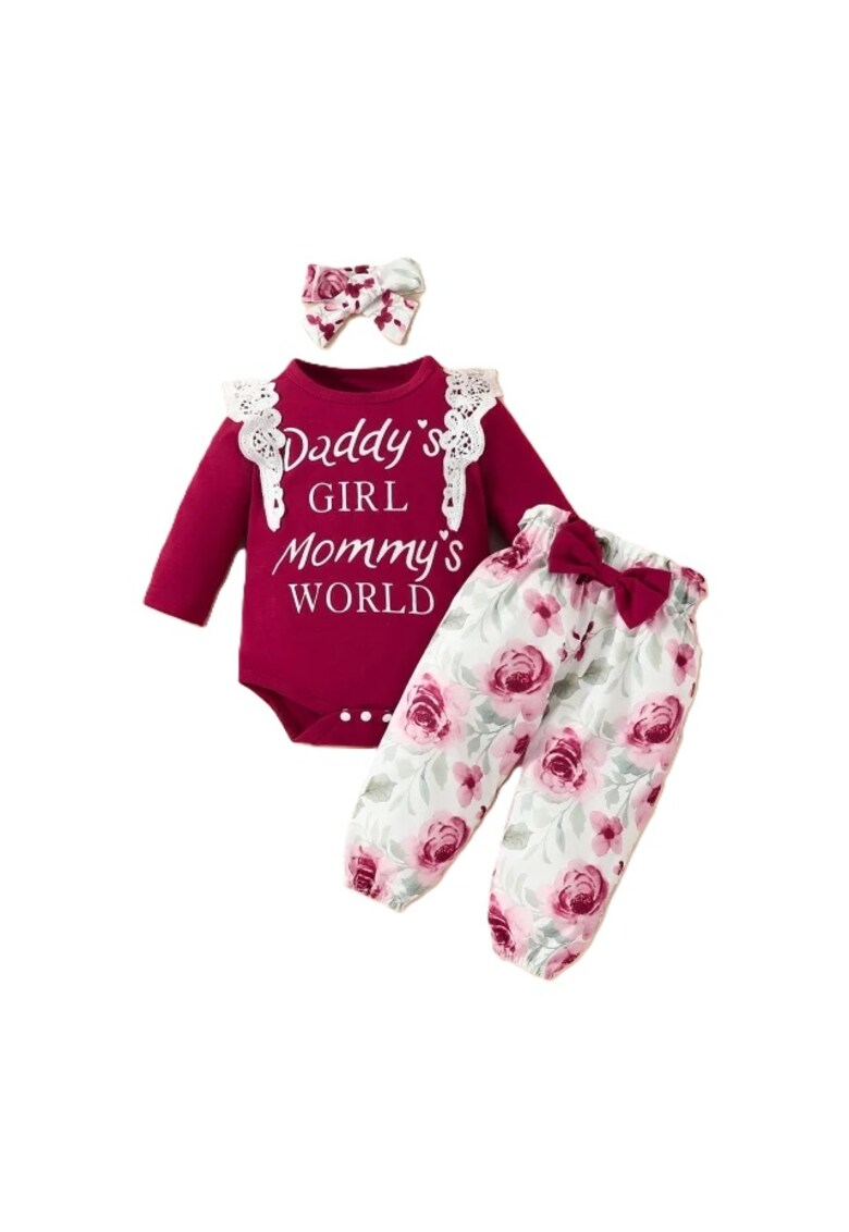 Compleu Cu Body - Pantaloni si Bentita - Model Love - Floral - Fete - Maneca lunga - Alb/Visiniu