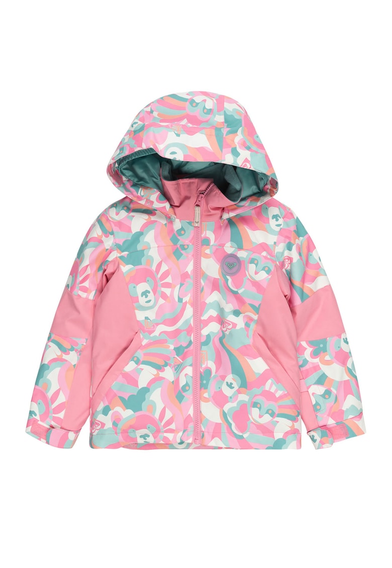 Geaca cu model si gluga - pentru schi - Roz pastel/Verde aquamarin/Alb murdar