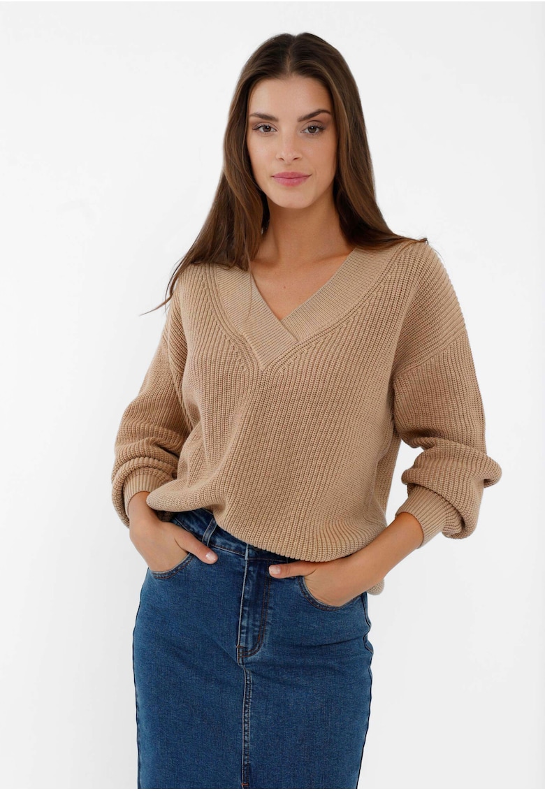 Pulover Dama cu decolteu in V - Lejer - Camel
