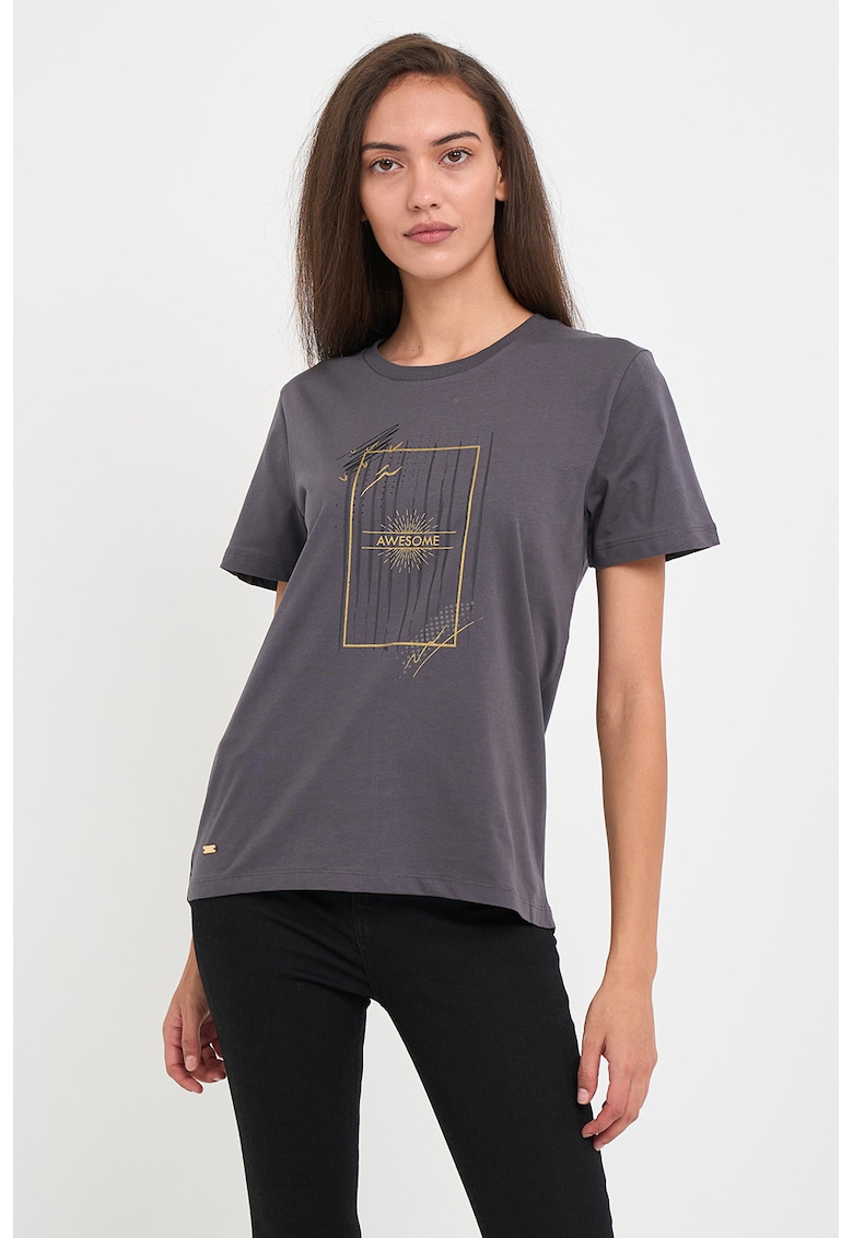 Tricou cu decolteu la baza gatului si imprimeu grafic - Gri carbune