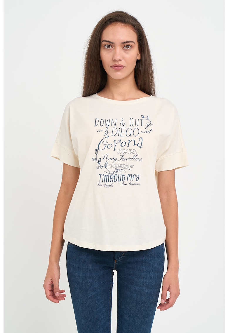 Tricou cu imprimeu text si decolteu rotund
