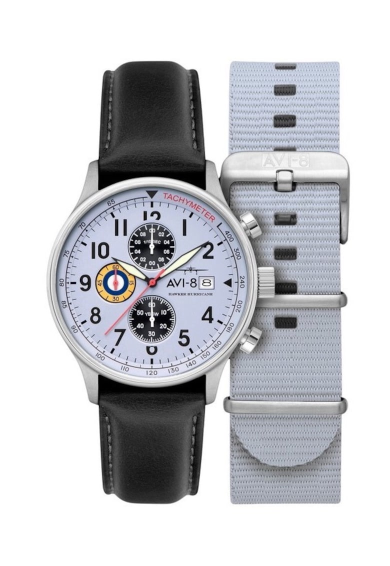 Ceas barbatesc Hawker Hurricane - cronograf - curea piele neagra - cadran gri - 43.5x11mm