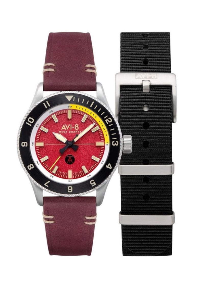 Flyboy Tuskegee Airmen editie limitata Ramitelli cadran rosu quartz AV-4103-04 ceas barbatesc cu curea suplimentara