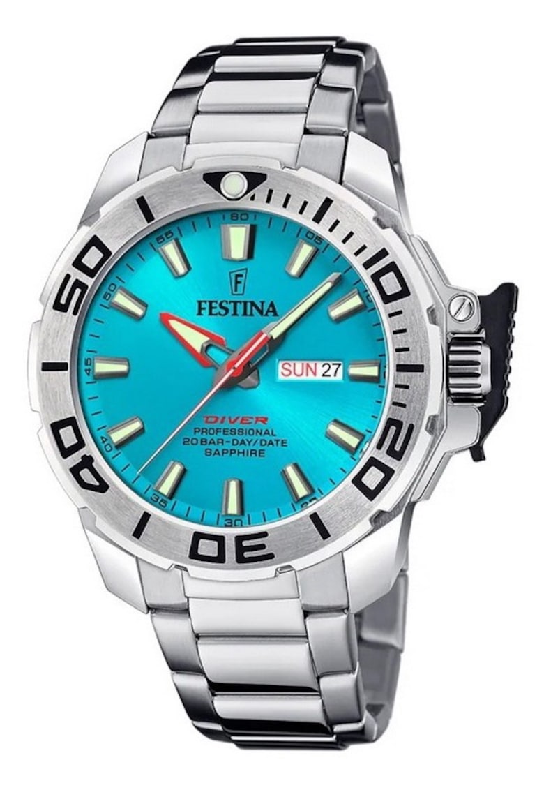 Ceas barbatesc Diver - cadran turcoaz - curea din otel inoxidabil - 200m rezistenta la apa - cu curea suplimentara - 46x13mm