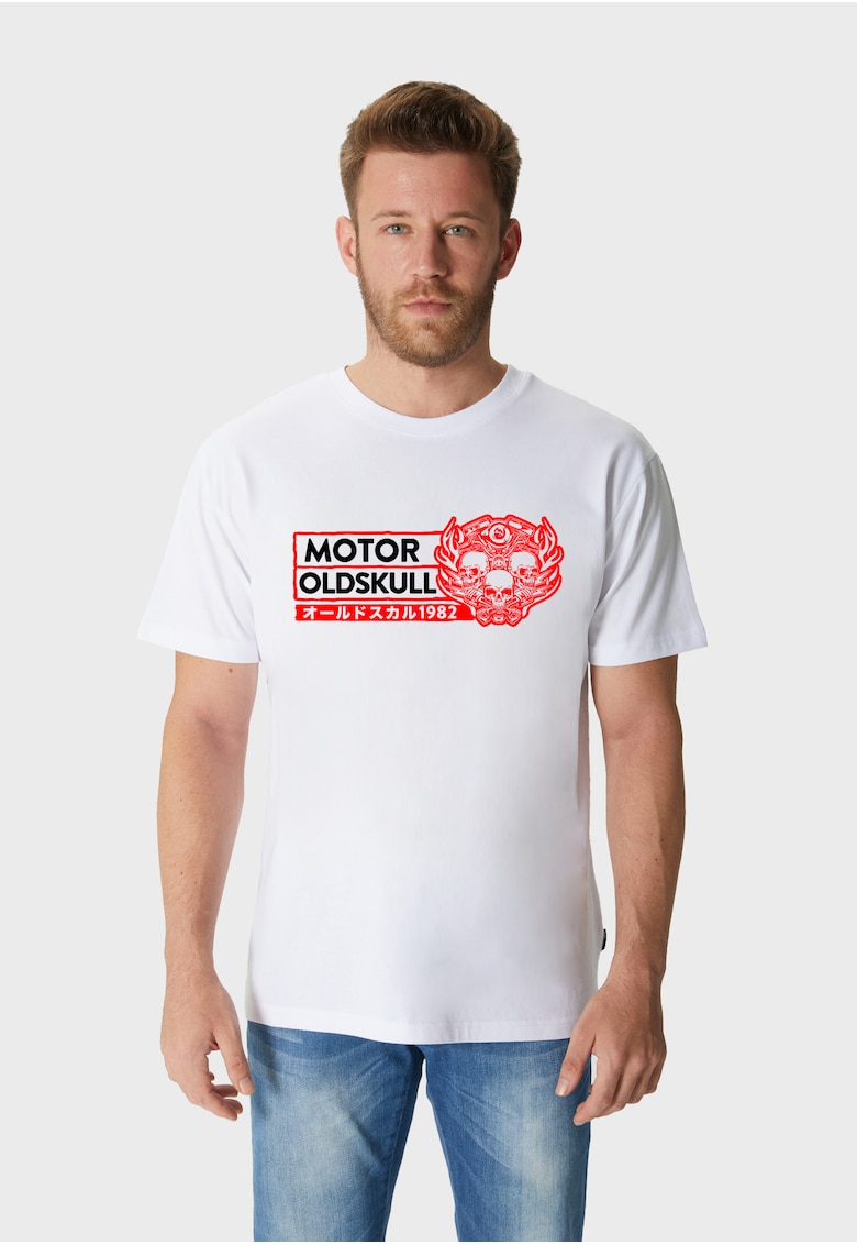 Tricou de bumbac cu imprimeu si decolteu la baza gatului