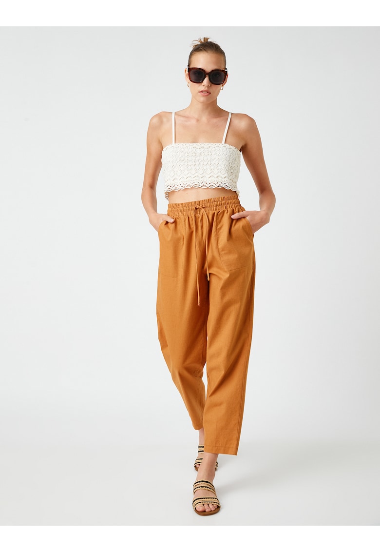 Pantaloni crop din amestec de in cu snur de ajustare