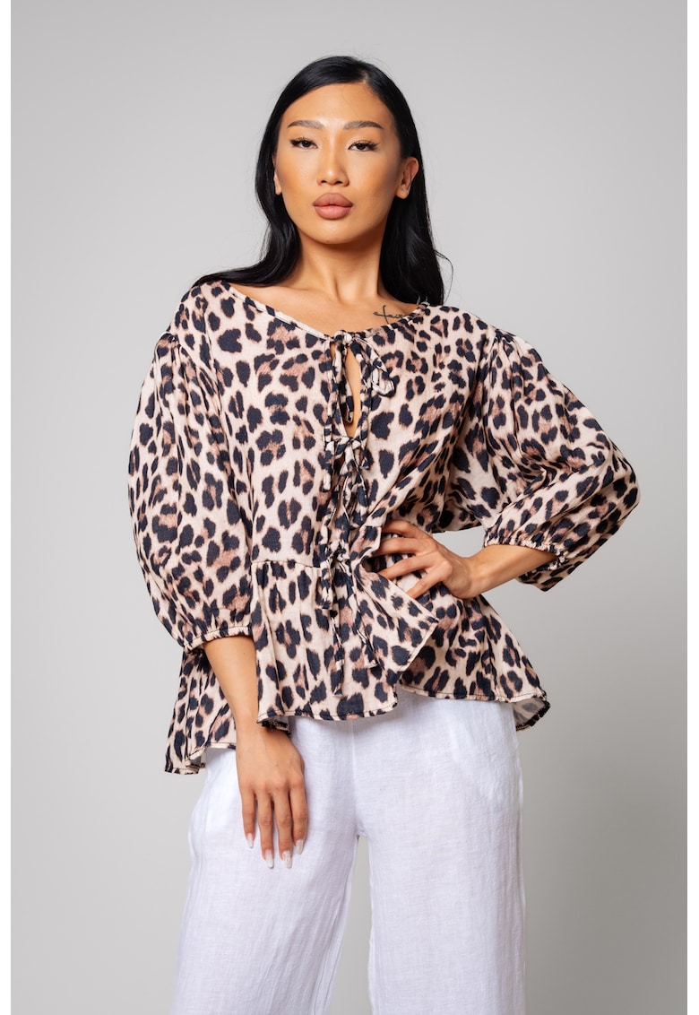 Bluza de bumbac cu animal print si terminatie cu volan