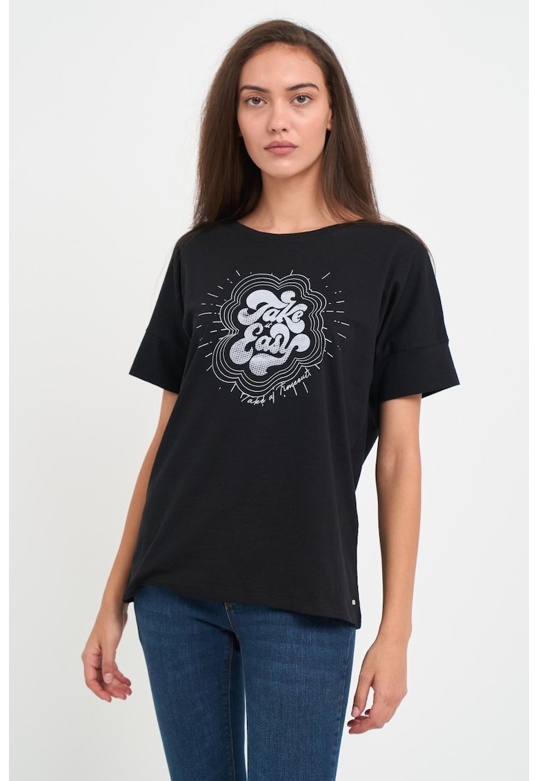 Tricou dama cu maneca scurta si imprimeu grafic - Negru