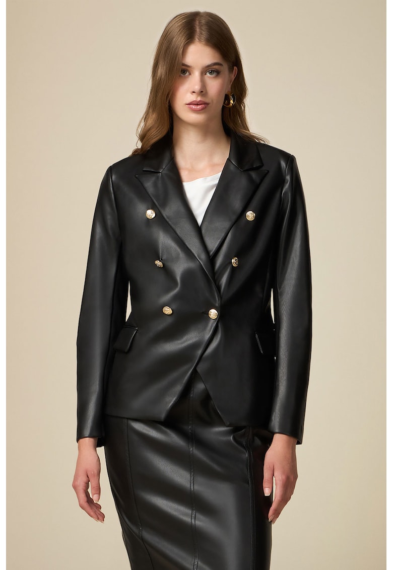 Sacou de piele ecologica cu doua randuri de nasturi - Negru