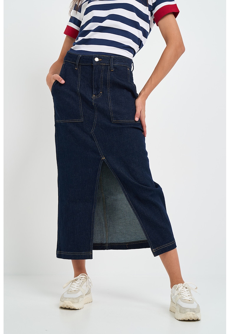 Fusta midi de denim cu slit frontal