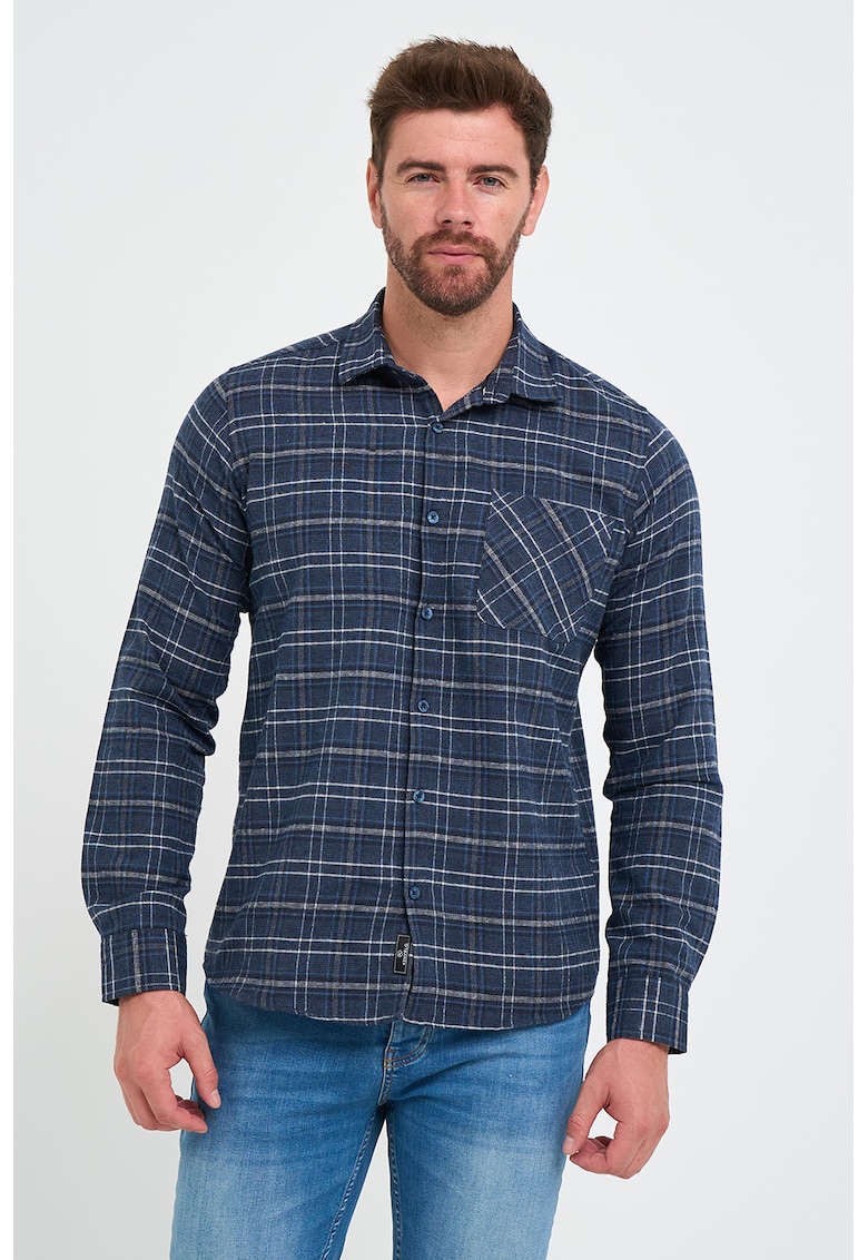 Camasa din amestec de bumbac cu buzunar aplicat si model in carouri