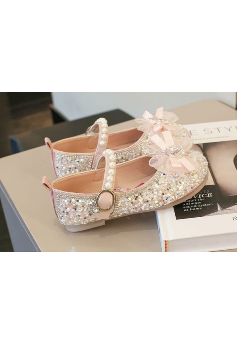 Pantofi Cu Strasuri - Paiete Si Perlute - Model Princess - Elegant - Piele ecologica - Fete - Velcro - Roz