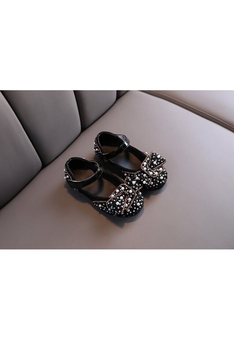 Pantofi Cu Perlute Albe Si Strasuri - Elegant - Piele ecologica - Fete - Velcro - Negru