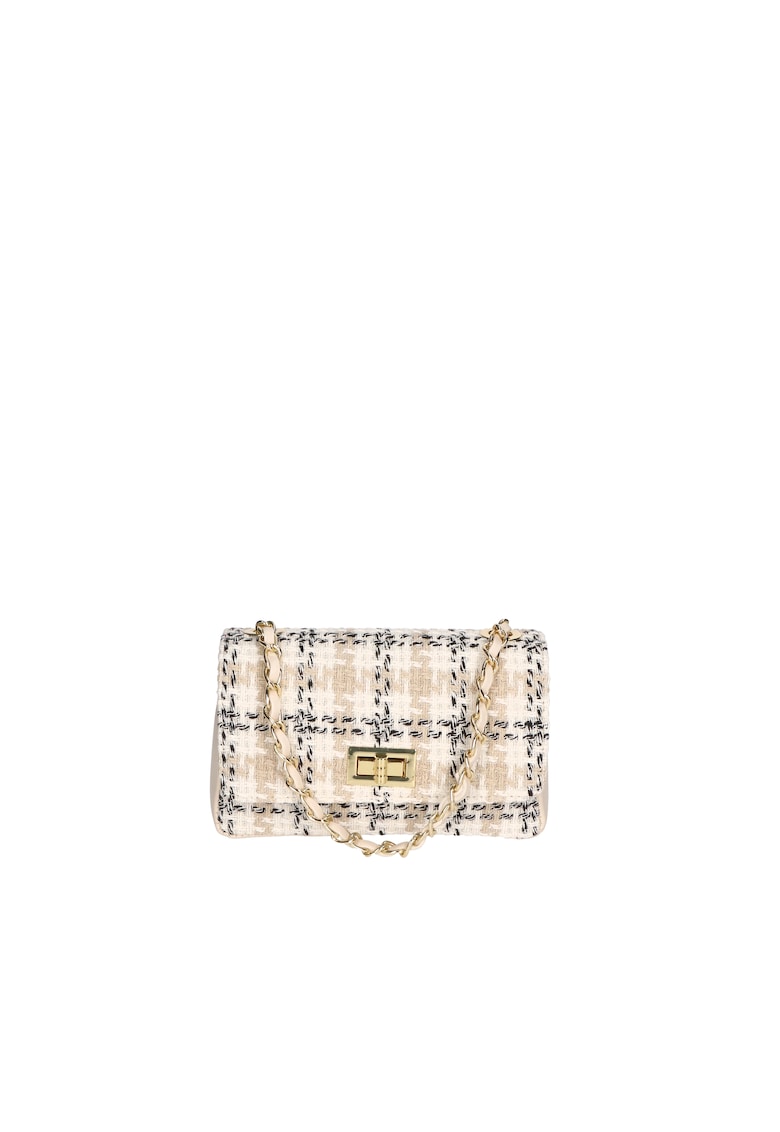 Geanta crossbody din piele si material textil cu model - Bej