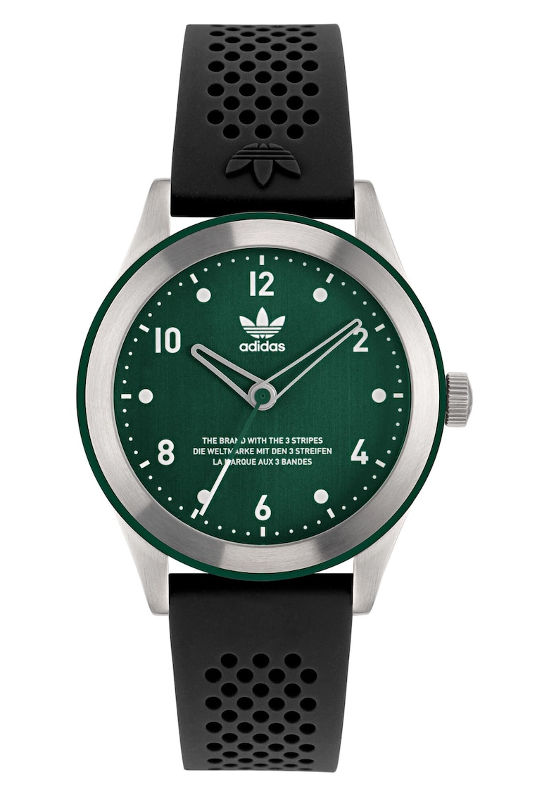 Ceas barbatesc CODE THREE - curea silicon neagra - carcasa inox argintie - cadran verde