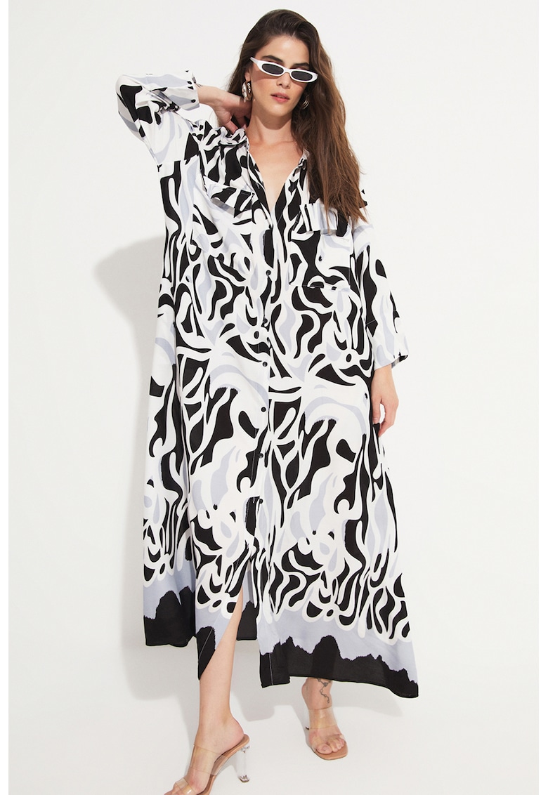 Rochie-camasa supradimensionata cu imprimeu si buzunare aplicate