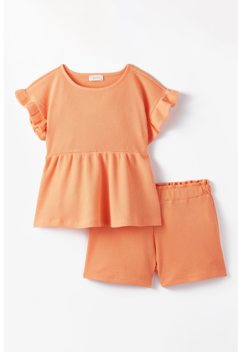 Set de tricou striat de bumbac cu garnituri cu volane si pantaloni scurti - 2 piese