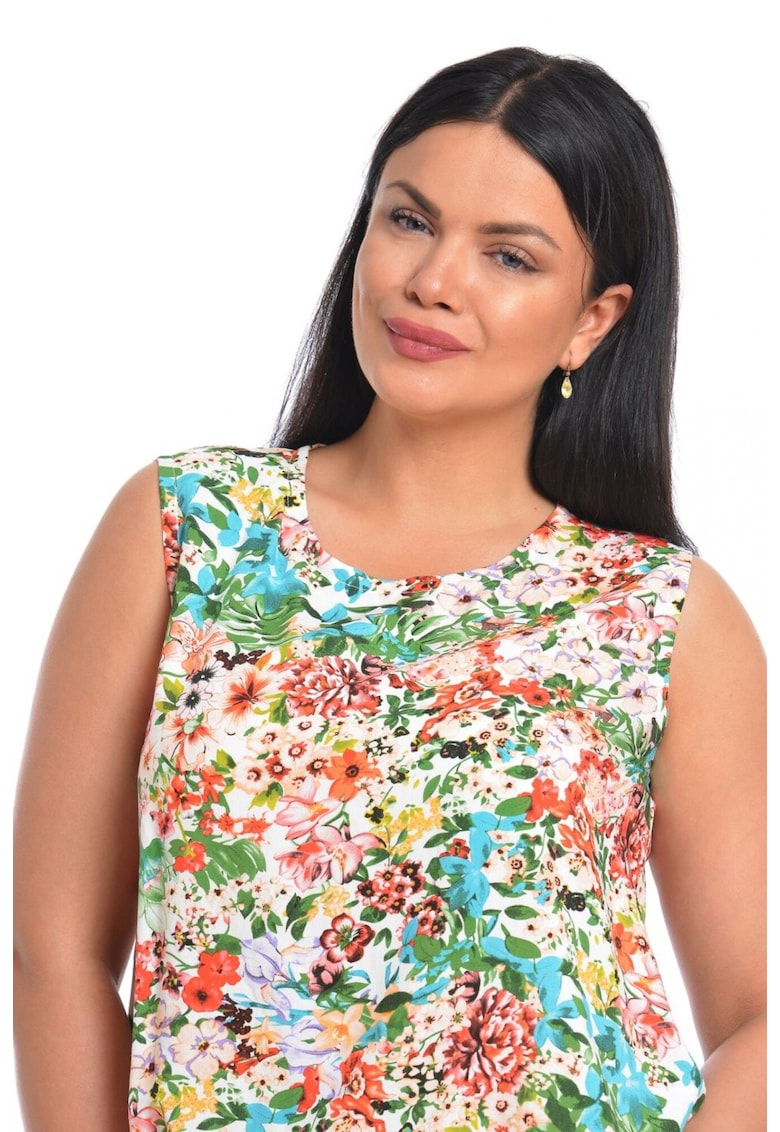 888140594-Bluza Dama fara Maneci cu Imprimeu Floral Albastru/ Portocaliu