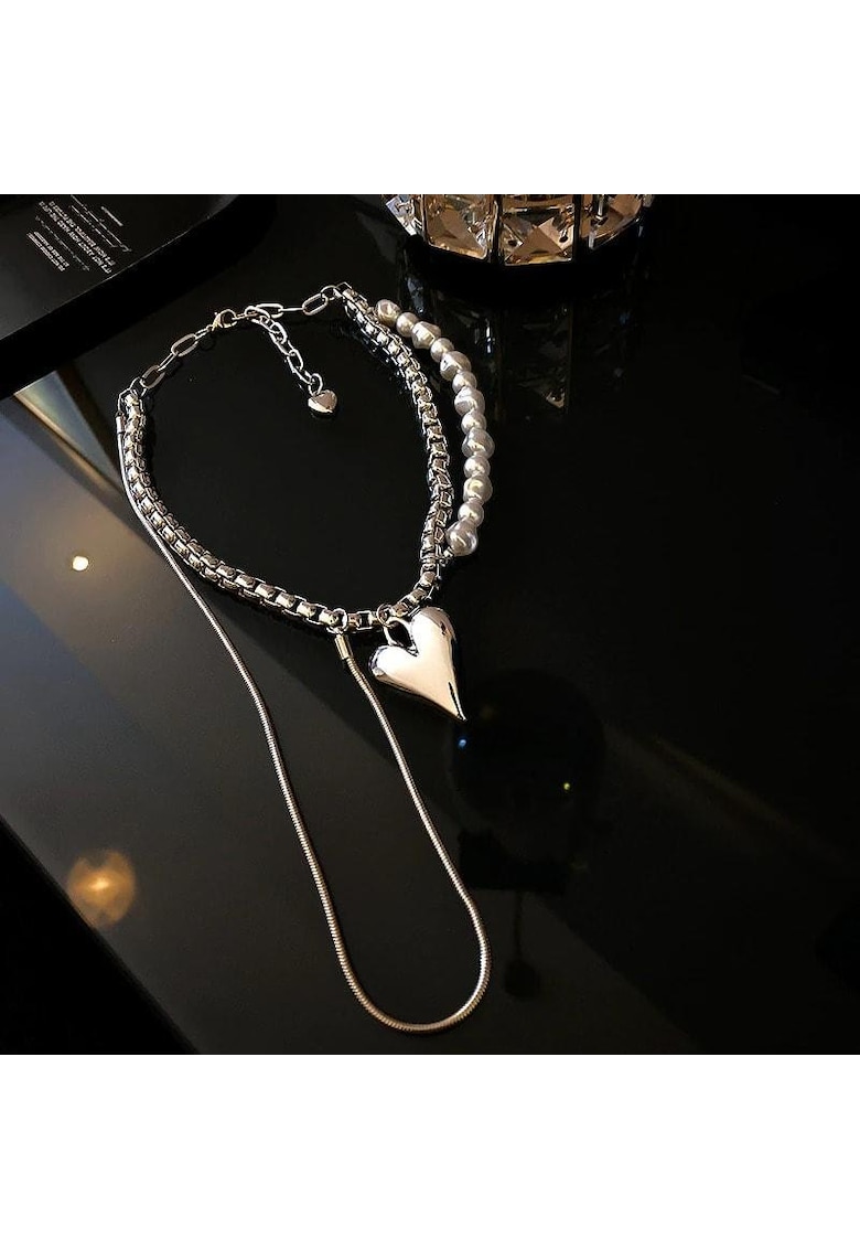 Colier argintiu - cu perle si inima - Amma C18 - Colier argintiu - cu perle si inima - Amma C18 -