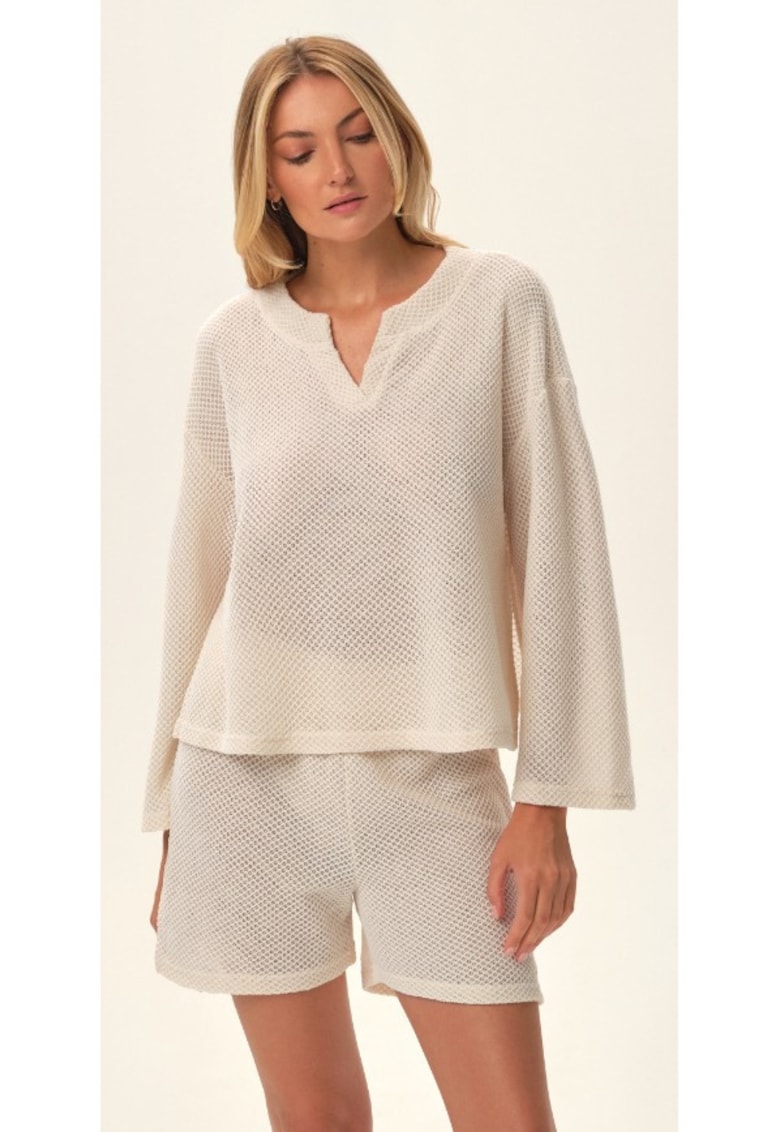 Set pentru femei bluza cu maneca lunga si pantaloni scurti cu talie inalta - poliester - casual - crem