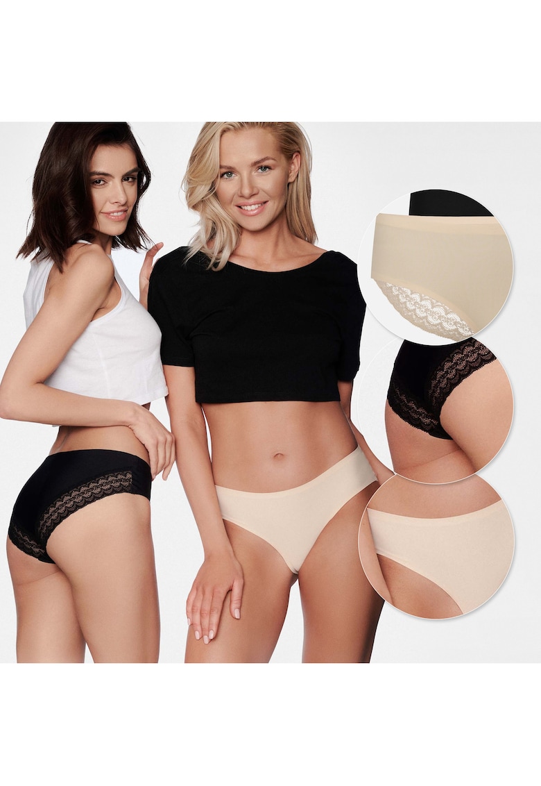 Chiloti dama Parisa - 2 bucati - bej/negru - material placut - dantela