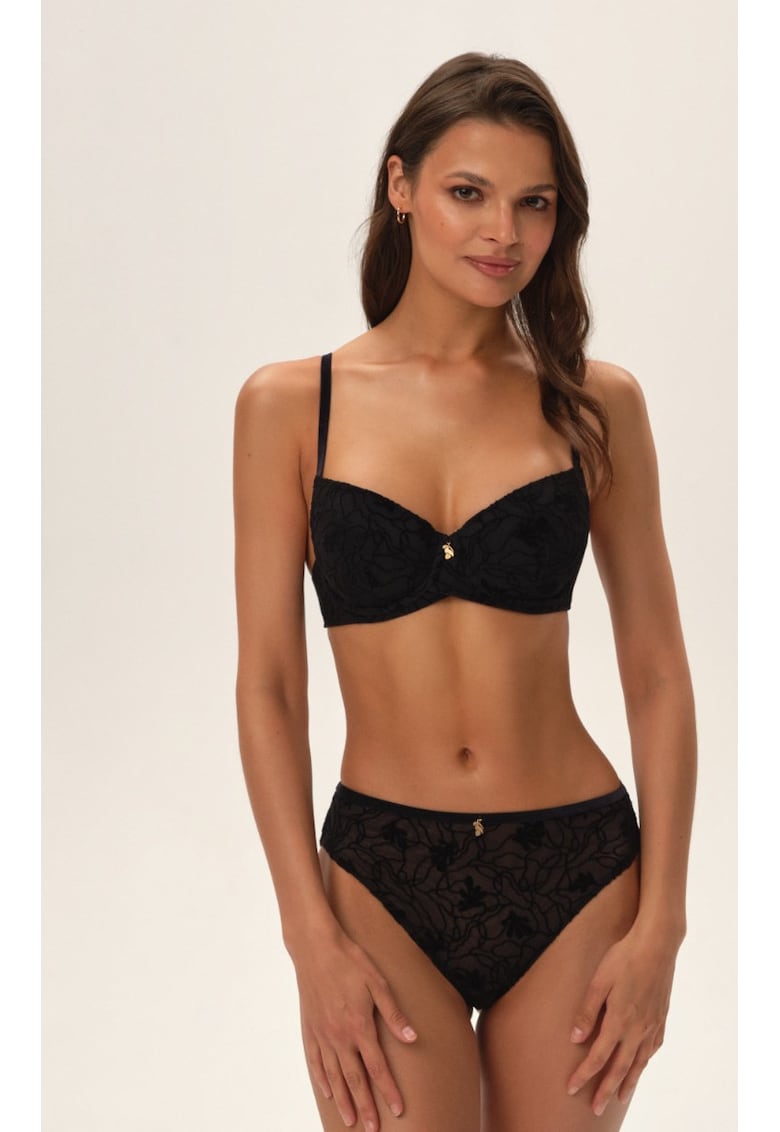 Sutien push-up negru - cu detalii brodate - pentru femei