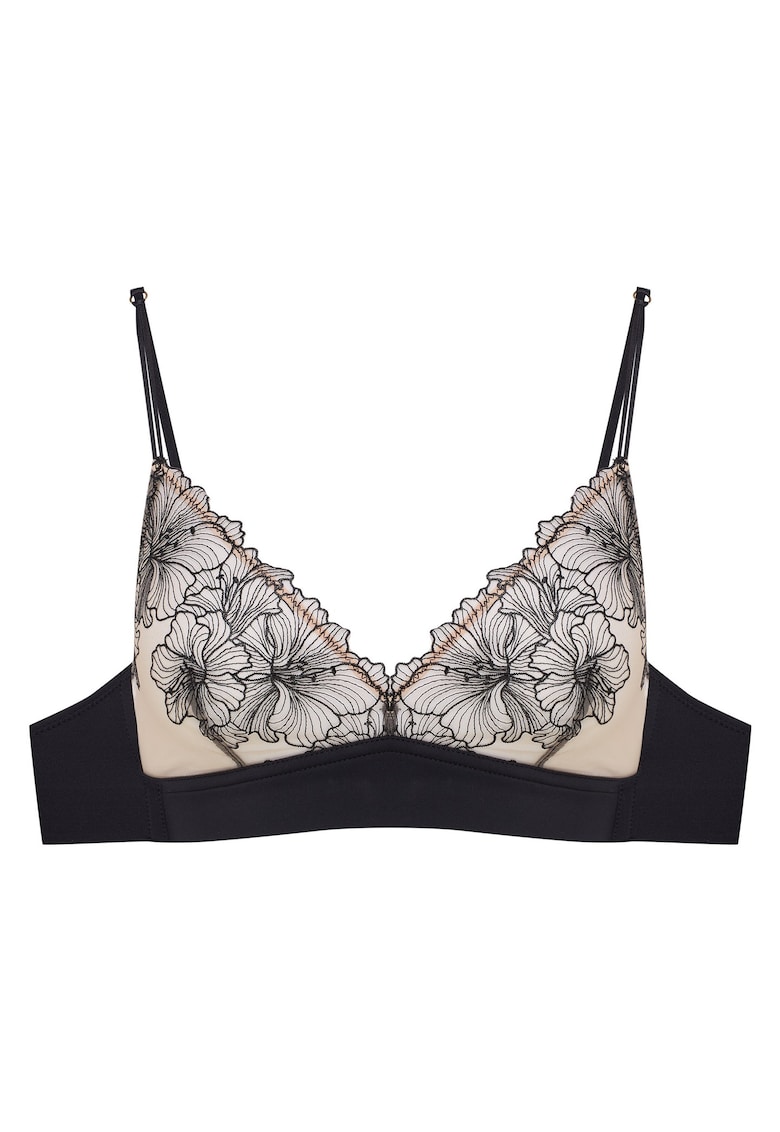 Sutien dama triunghiular - cu broderie florala - fara sarma - poliamida - negru/crem -