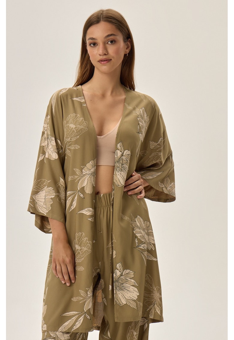 Halat dama Fleur - verde - floral - maneca lunga - poliester -
