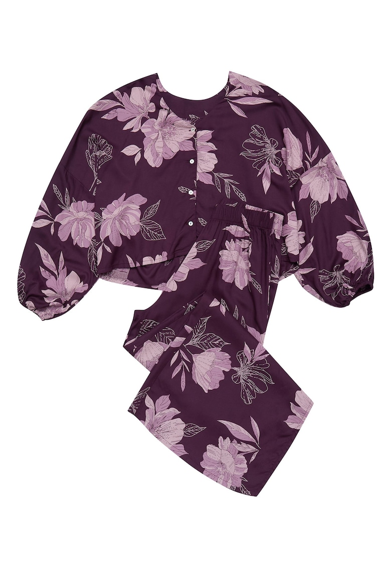 Pijama dama Fleur - floral - violet - viscoza - maneca lunga - pantaloni lungi