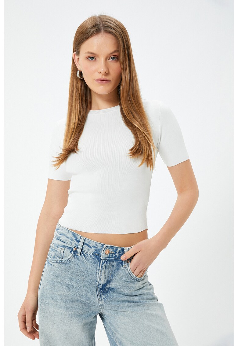 Tricou slim fit cu decolteu la baza gatului - Alb